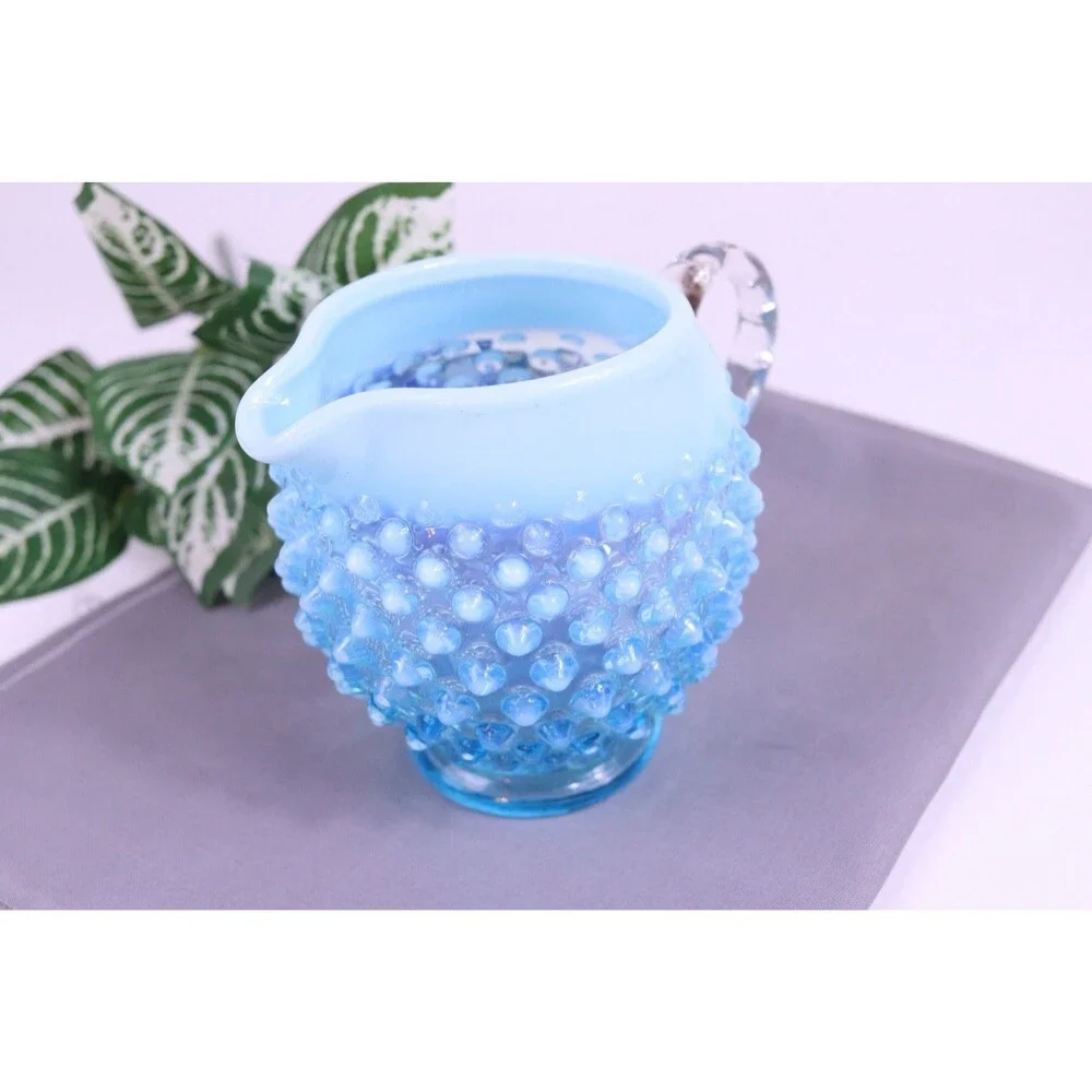 Fenton Hobnail Glass Aqua Blue Opalescent Squat Jug Small Pitcher 5